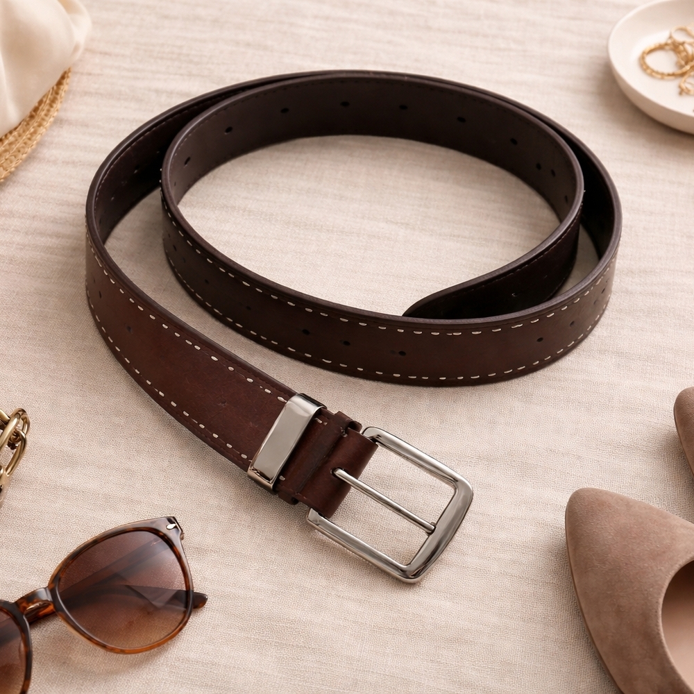 Women’s Ralph Lauren Brown Leather Belt with Inset Metal Dot Edge Detail